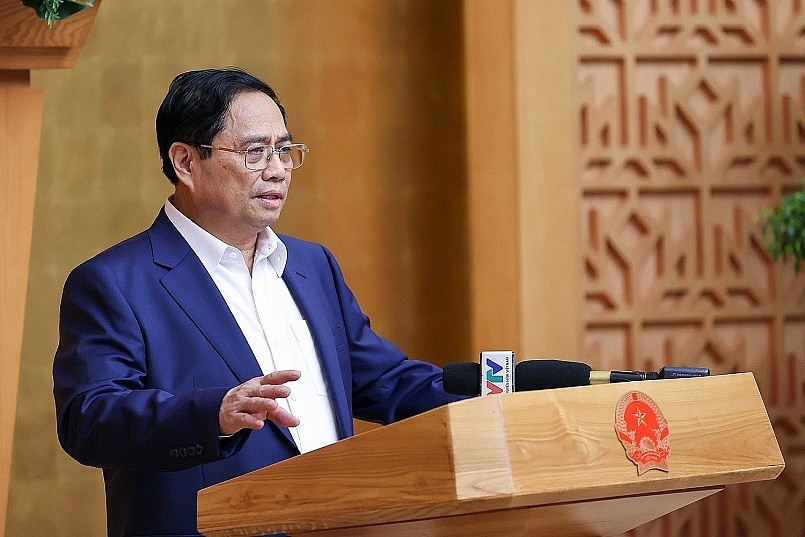 Thủ tướng Phạm Minh Chính phát biểu kết luận phiên họp Chính phủ thường kỳ tháng 8/2023. Ảnh: VGP
