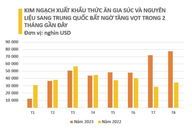 Trung Quốc là thị trường lớn nhất của Việt Nam khi chiếm 49,2% tỷ trọng trong cơ cấu xuất khẩu thức ăn gia súc và nguyên liệu của Việt Nam trong 8 tháng đầu năm