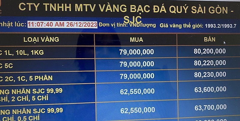 Giá vàng niêm yết tại Công ty TNHH MTV Vàng Bạc Đá quý Sài Gòn. Ảnh chụp website màn hình lúc 11h07 ngày 26/12/2023.