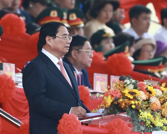 Đồng chí Phạm Minh Chính, Ủy viên Bộ Chính trị, Thủ tướng Chính phủ trình bày diễn văn tại Lễ kỷ niệm 70 năm Chiến thắng Điện Biên Phủ (1954-2024).