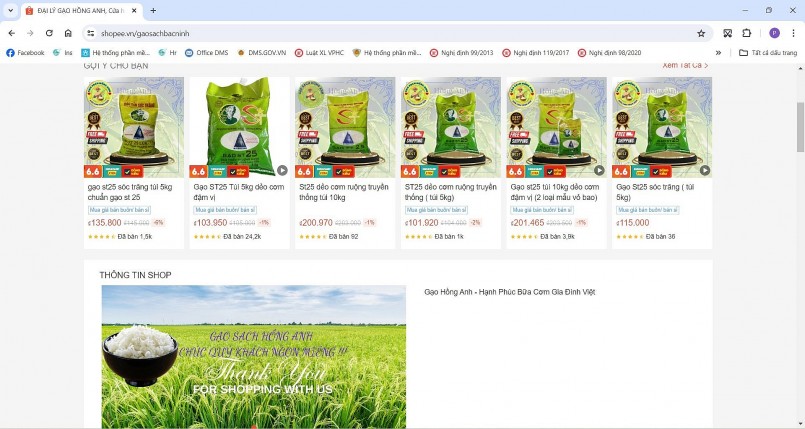 Tài khoản Shopee “Đại lý Gạo Hồng Anh” đăng bán sản phẩm “Gạo Ông Cua” có giá rẻ hơn nhiều so với giá sản phẩm gạo chính hãng