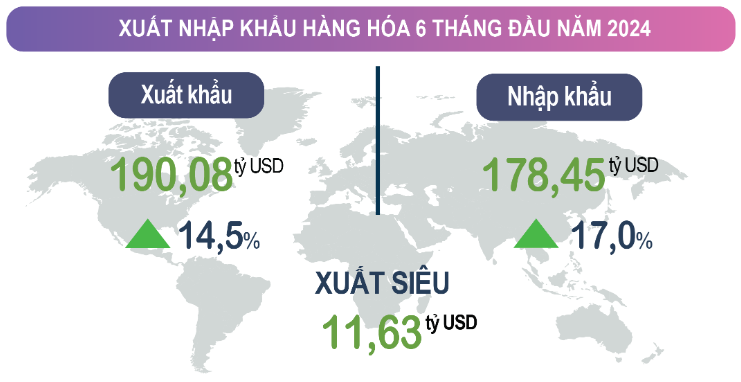 Việt Nam xuất siêu 11,63 tỷ USD trong 6 tháng năm 2024