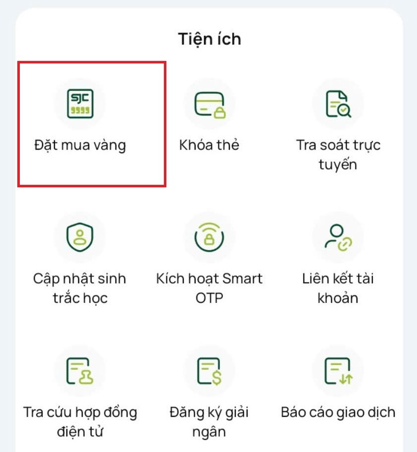 Tiện ích Mua vàng miếng chính thức có trên ứng dụng của Vietcombank. 