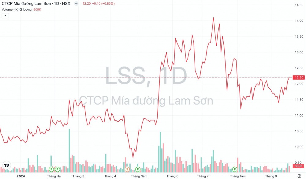 Diễn biến giá và khối lượng giao dịch cổ phiếu LSS của Mía Đường Lam Sơn từ đầu năm 2024 đến nay. (Nguồn: TradingView)