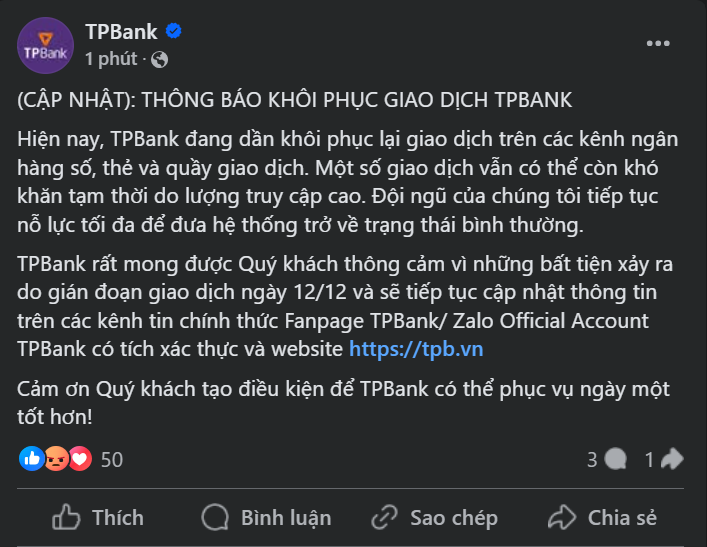 Hệ thống TPBank lỗi, hàng loạt giao dịch bị đình trệ