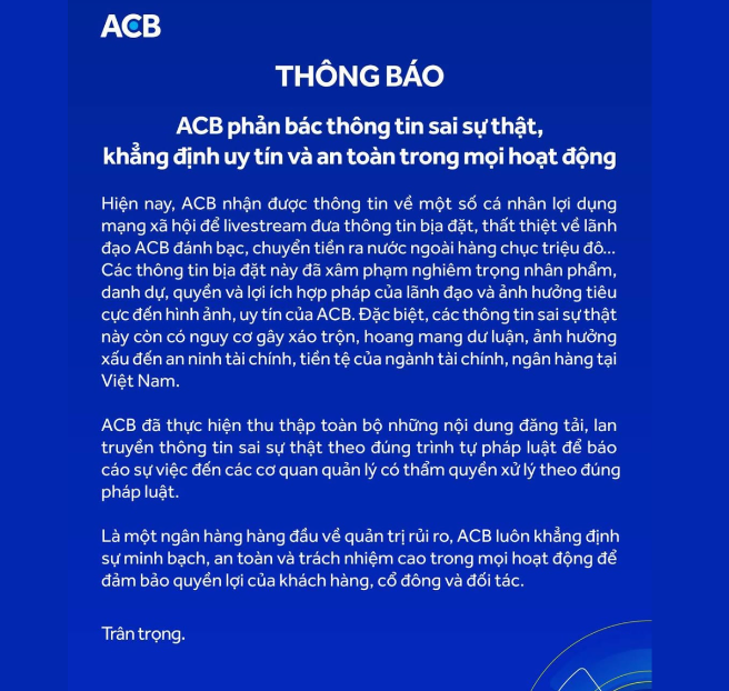 Thông báo bác bỏ thông tin sai sự thật được Ngân hàng ACB phát đi tối nay - Ảnh chụp màn hình