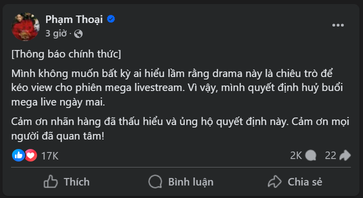 Phạm Thoại thông báo hủy mega livestreams.