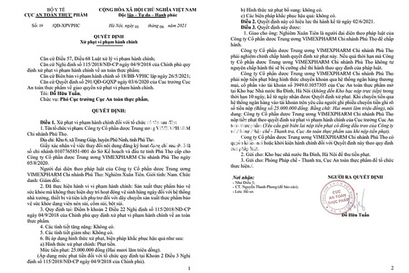 Xử phạt vi phạm hành chính Công ty Cổ phần dược Trung ương VIMEXPHARM Chi nhánh Phú Thọ