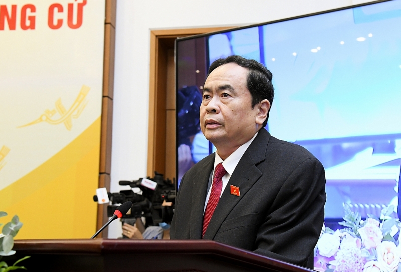 Ủy viên Bộ Chính trị, Phó Chủ tịch Thường trực Quốc hội, Phó Chủ tịch Hội đồng bầu cử quốc gia Trần Thanh Mẫn phát biểu tại buổi họp báo.