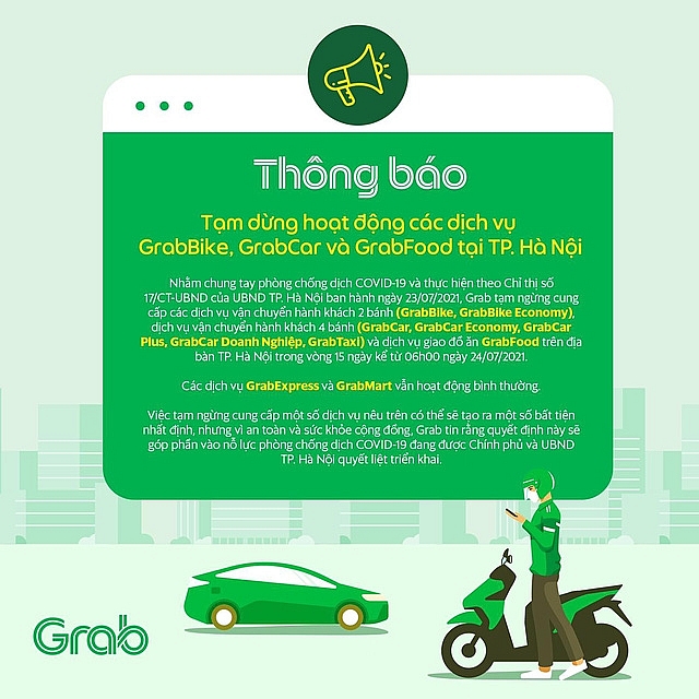 Grab và Now thông báo dừng chở khách, giao đồ ăn tại Hà Nội
