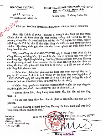 công văn số 4481/BCT-TTTN gửi đến Sở Công Thương các tỉnh, thành trên cả nước, Bộ Công Thương 