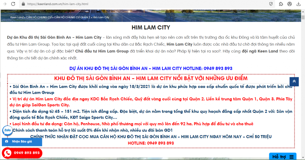 Nhiều website đang giới thiệu dự án này do Him Lam Group làm chủ đầu tư