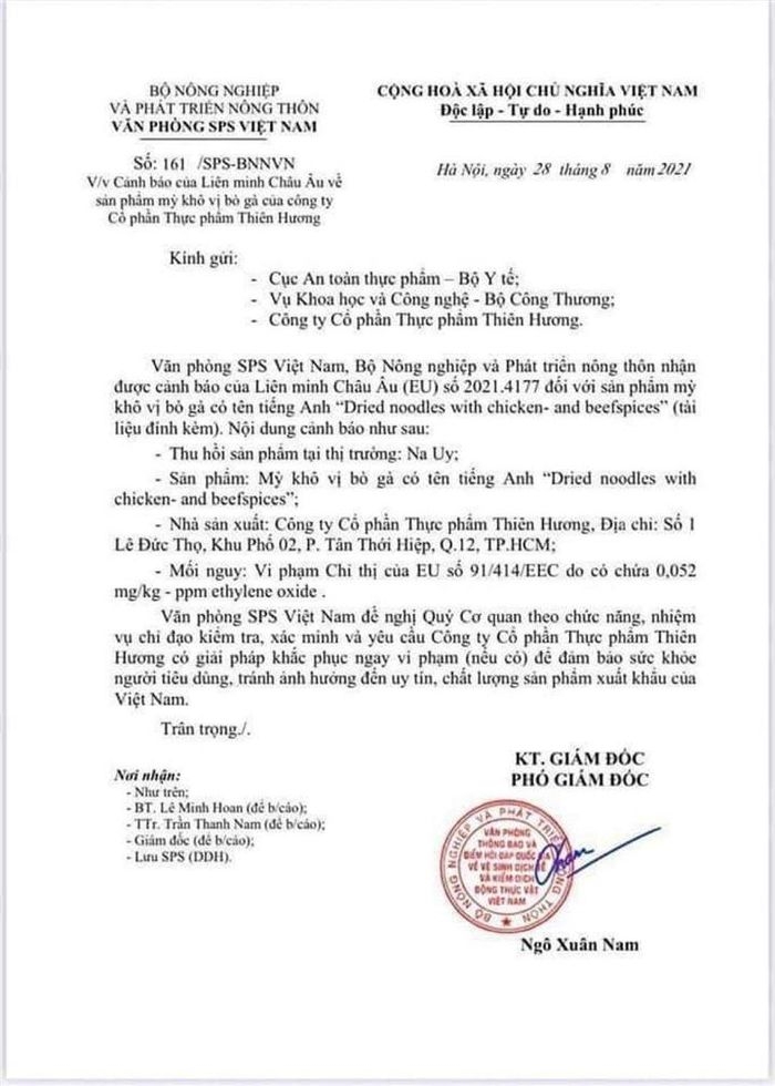 Văn bản của Văn phòng SPS Việt Nam (Bộ Nông nghiệp và Phát triển nông thôn) gửi các cơ quan chức năng có liên quan