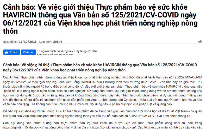 Viên uống HAVIRCIN vẫn quảng cáo dễ gây hiểu nhầm dù bị Cục ATTP cảnh báo